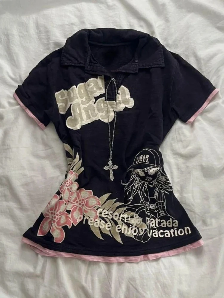 Summer New Short Sleeve Lapel Slim T-Shirts Women's Design Hepburn Y2k Print Tops Female Gothic Vintage Skinny Hot Girl Blouse