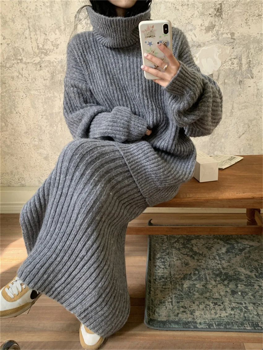 Alien Kitty Winter Knitwear Two Pieces Suits Turtleneck Warm Pullovers Sweaters Split Chic OL Slim Straight Long Skirts Sets