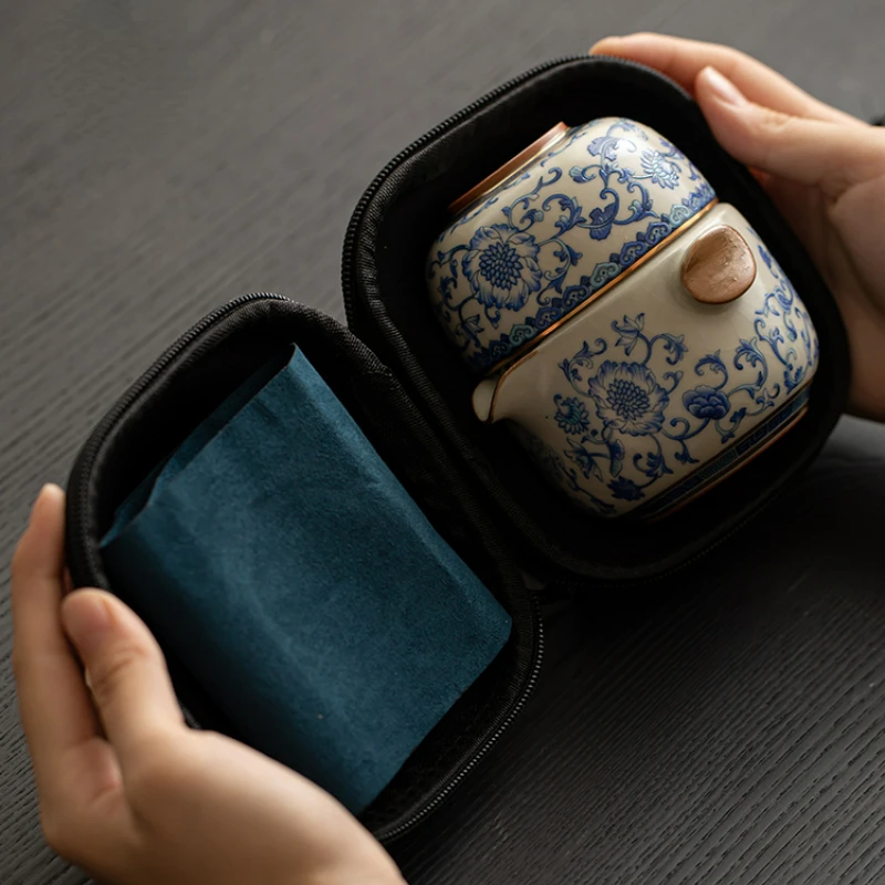 Blue and White Ru Kiln One Pot Two Cups Travel Ceramic Tea Set Portable Bag Tea Pot Tea Cups One Person Quick Guest Cup