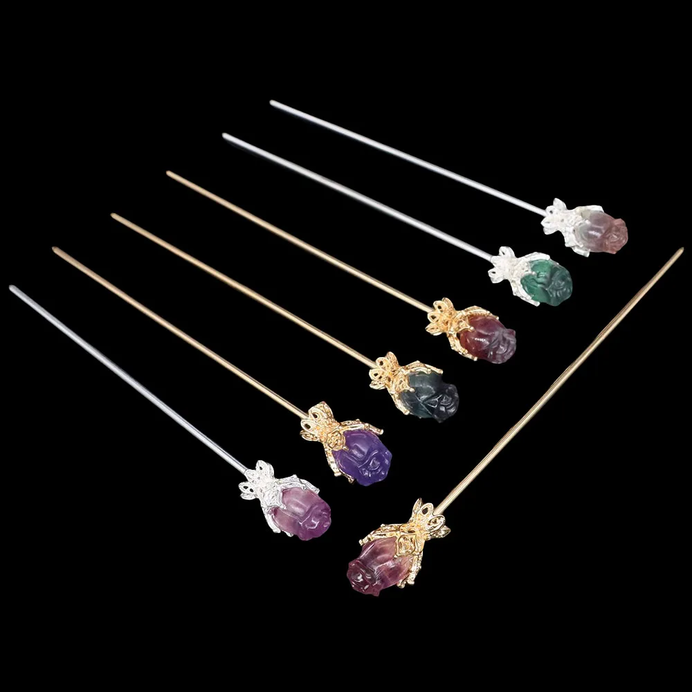 Natural Stone Fluorite Hair Sticks Magic Gems Vintage Wand Healing Crystal Rose Flower Carved Hairpin For Women Girl JewelryGift