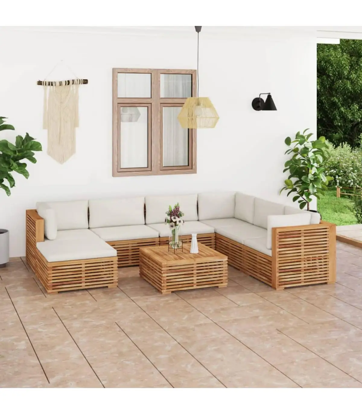 Garden sets garden furniture 8 PCs with cream cushions solid wood teak