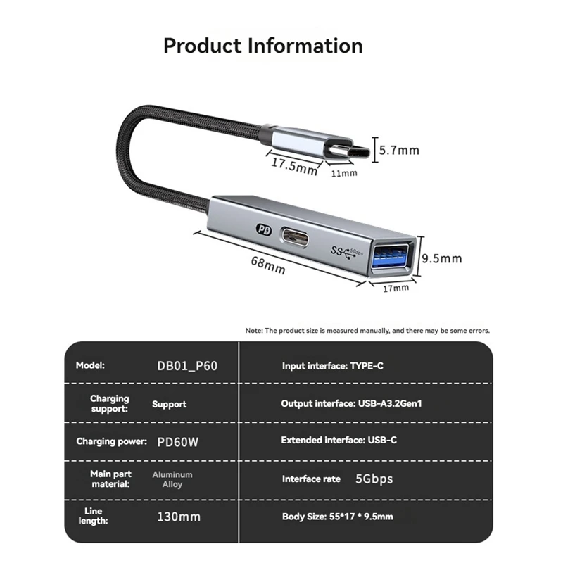 USB 3.2 Type-C HUB 5Gbps 60W PD Charging, OTG Adapter, - High-Speed USB To Type-C Converter