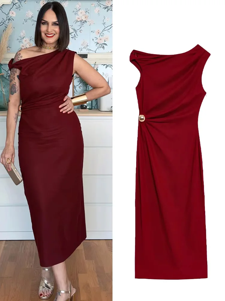 HH المرأة الصيف موضة الجولة الرقبة بلا أكمام خط المخلوطة فستان ميدي أنثى مثير أنيقة سليم مطوي هيم شق فستان طويل