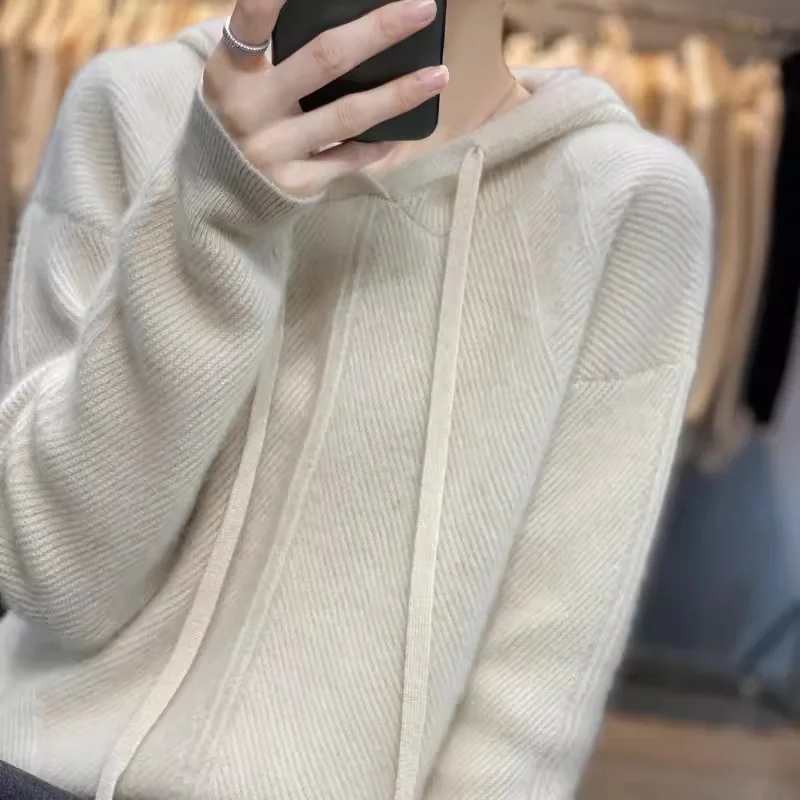 Women's Drawstring Hooded Sweatershirt Cashmere Sweater Knitted Sweater Purple Thickened Sweater Loose Jacket Female Pullover