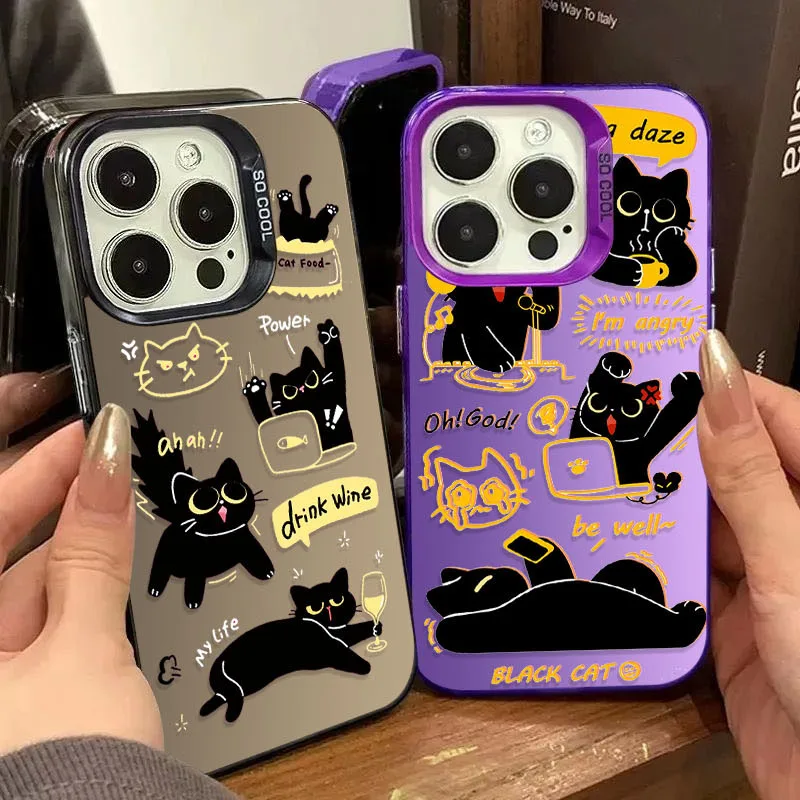 Case for Samsung Galaxy A55 A35 A25 A15 A05 A05S 5G A13 A23 A12 A22 A32 A52 A52S A72 A51 A71 4G Cute Doodle Angry Black Cat Hard