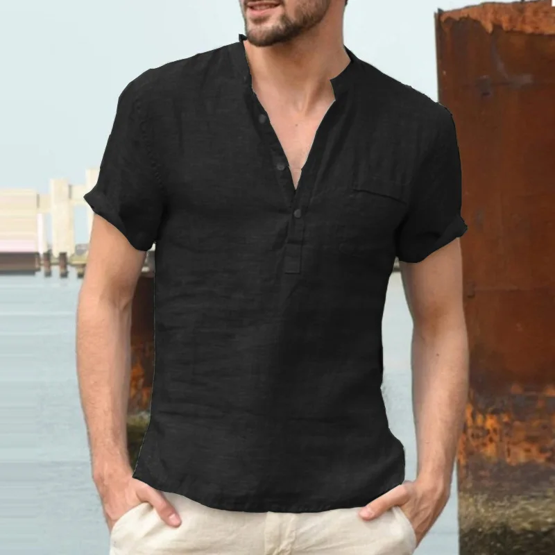Herren Baumwoll-Leinen Henley Kurzarm-T-Shirt Leicht Atmungsaktiv Einfarbig Lässiger Lockerer Schnitt Sommer Strand Urlaub Oberteil – Detail 3