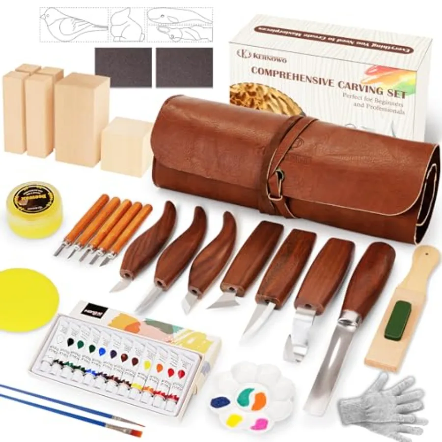 

Wood Carving Kit, 46Pcs Wood Carving Tools with 6pcs Whittling Knives and 5pcs Detail Knives and12 Color Paint Set and Beewax,