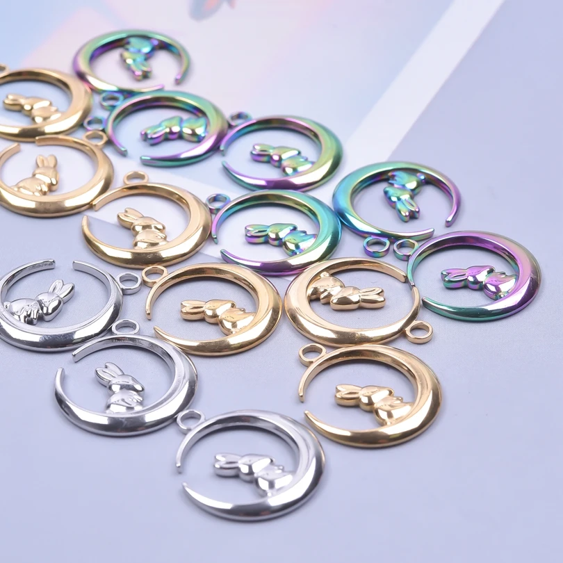 10pcs Crescent Moon No Fade Stainless Steel Charm The Cat On Moon Pendant Accessories Making DIY Earrings Jewelry Finding Craft