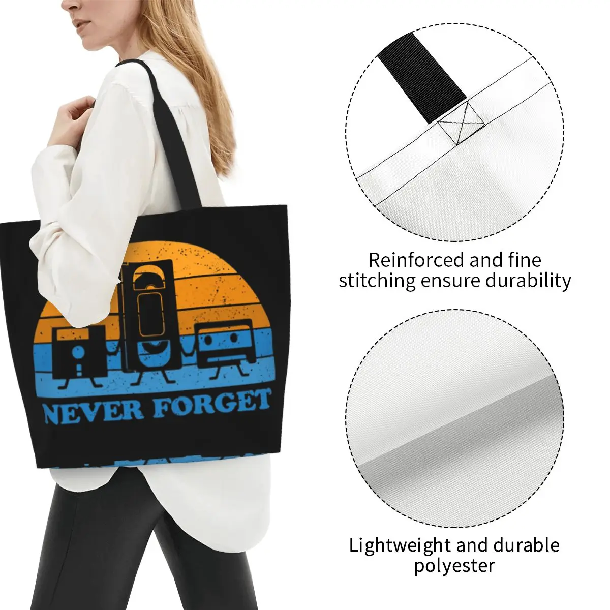 Never Forget Floppy Disk Cassette VHS Tape Shopping Tote Bag Canvas Large Capacity Shoulder Bags Shopper Grocery Handbag