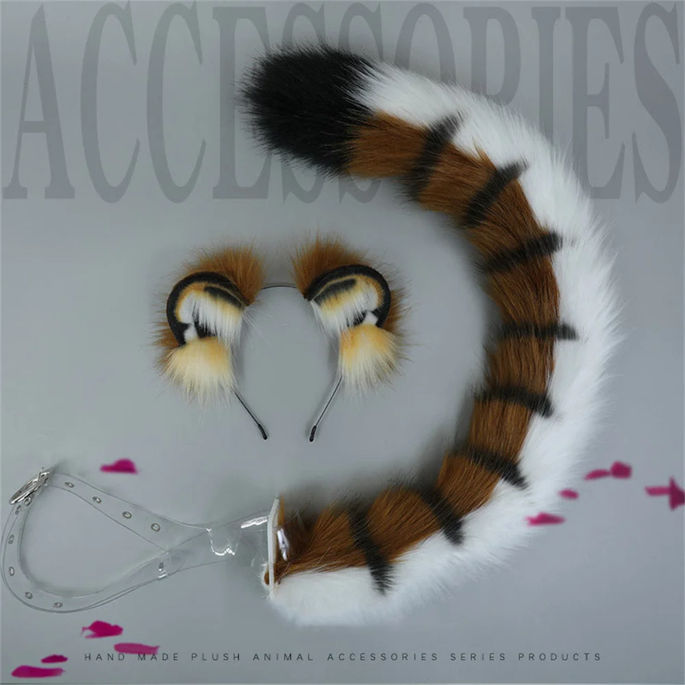 80CM Anime Animal Tail Cosplay Costumes Props Tiger Plush Tails Cute Ear Headband Role Play Halloween Accessories Tiger Tail