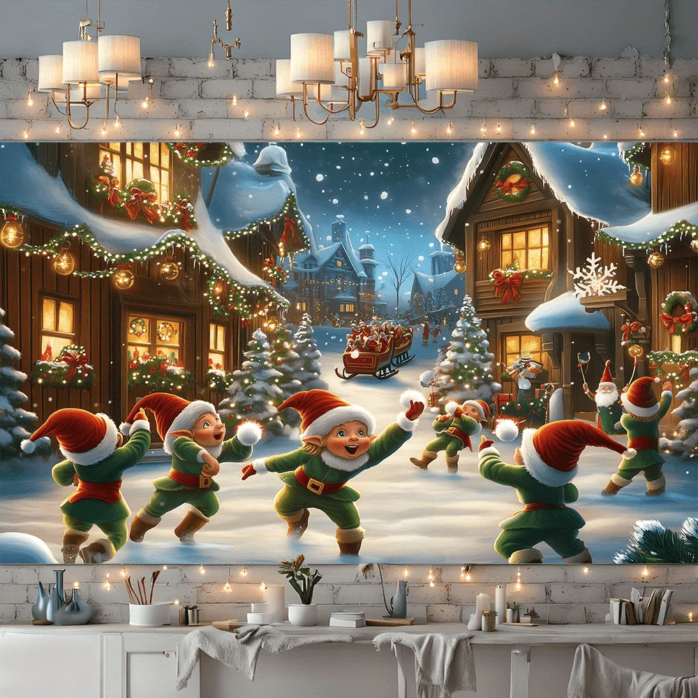 1pc Christmas Elves Snowball Fight Tapestry, Festive Winter Village Scene Wall Hanging for Xmas Home Decor, Perfect Gift