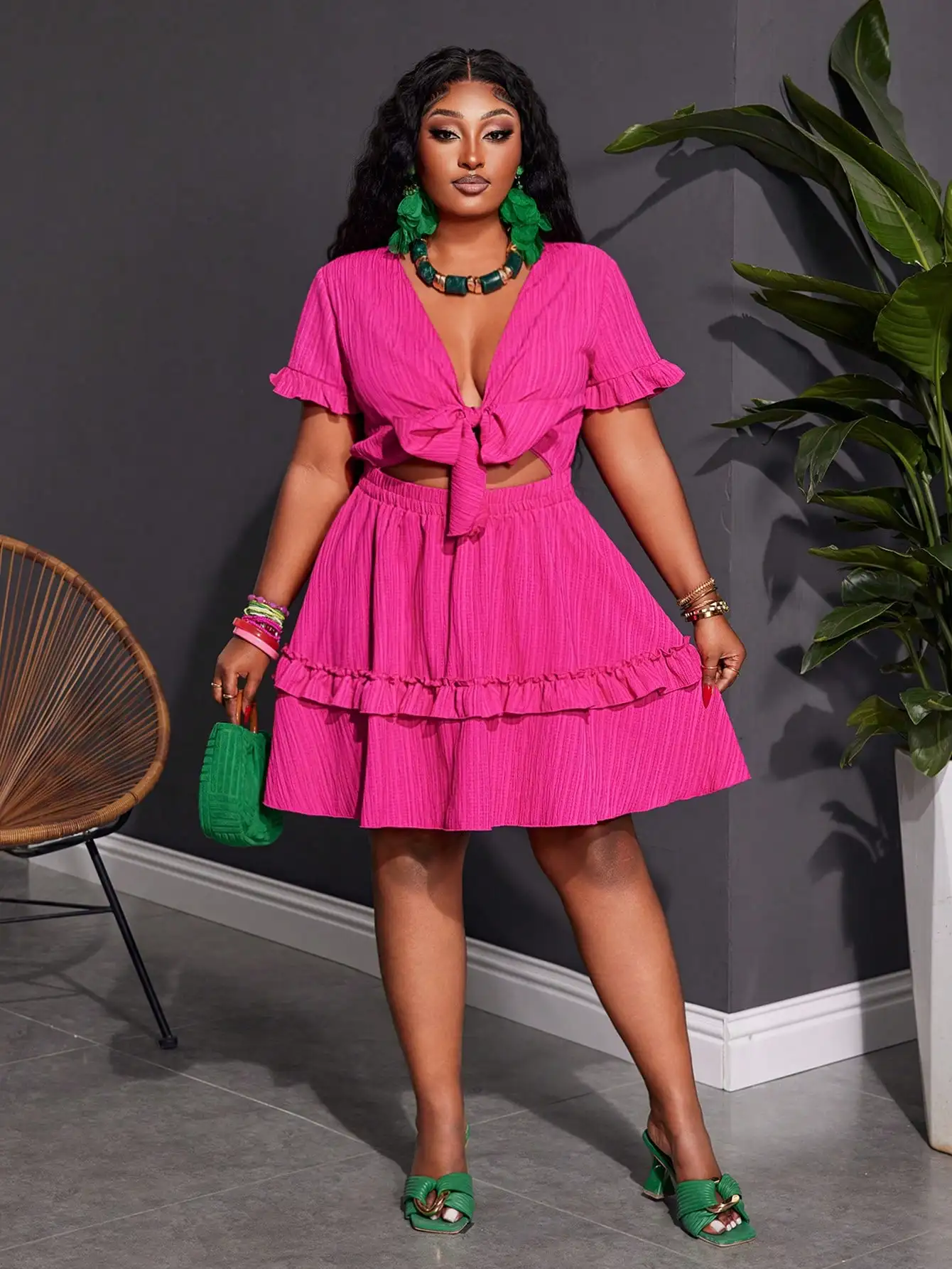 Plus Size Pink Mini Dress with Ruffled Tie Front & Cutouts, A-Line Summer Vacation Outfit