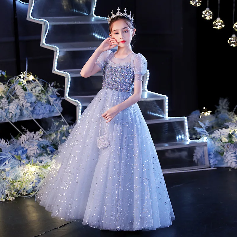 Child Girls Blue Puffy Dresses for Elegant Party and Wedding Pageant Ball Gowns Luxury Kid Evening Formal Special Occasion Dress