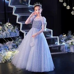 Child Girls Blue Puffy Dresses for Elegant Party and Wedding Pageant Ball Gowns Luxury Kid Evening Formal Special Occasion Dress