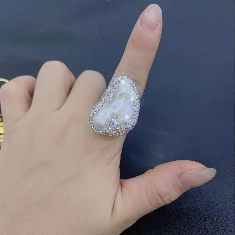 Natural Baroque Freshwater Pearl Finger Rings Rhinestone Clay Setting 18K Gold Plated Luxury Women Party Exquisite Jewelry