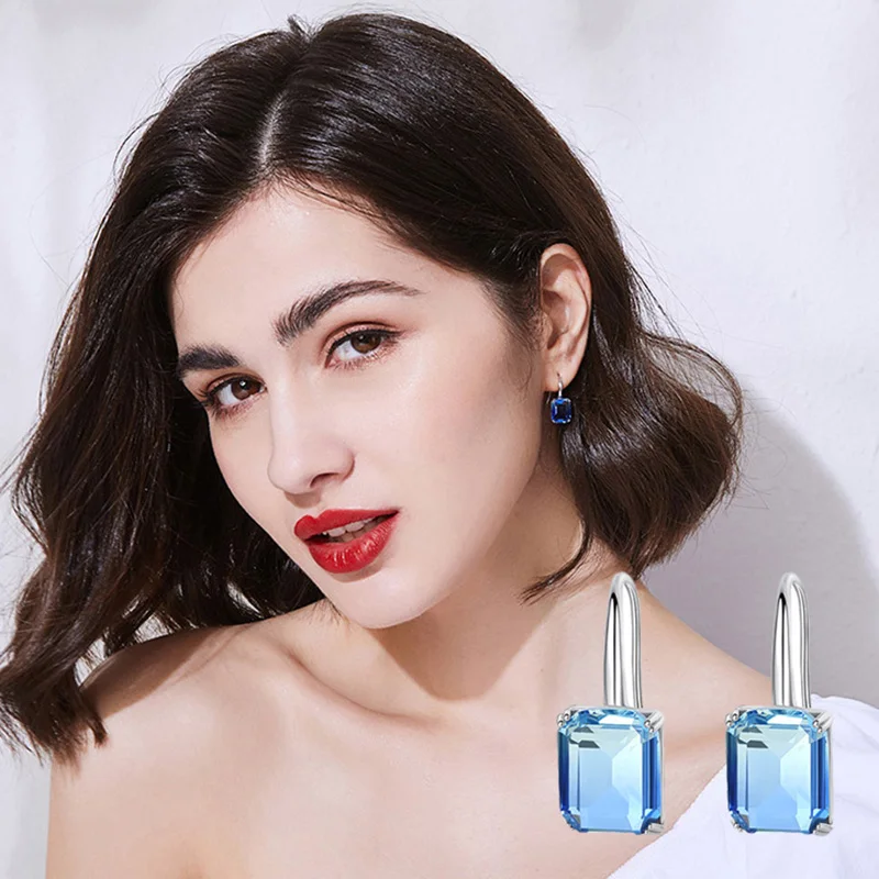 Piercing Exquisite Blue Crystal Dangle Earrings for Women Squares Zirconia Wedding Engagement Jewelry for Bridal Fashion Jewelry