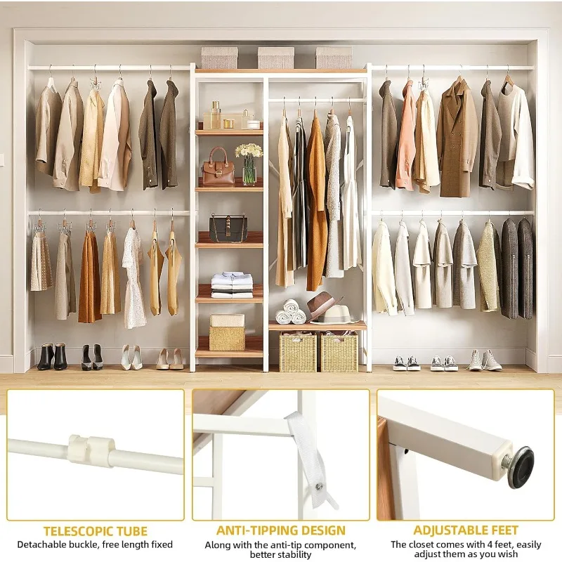 Sistema organizer per armadio, porta abiti regolabile per carichi pesanti, sistema per armadio con ampia zona sospesa, 4 ganci espandibili