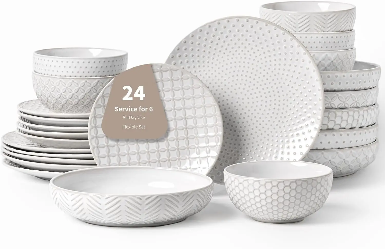 

24-Piece Ceramic Dinnerware Set,Large Plates and Bowls Set for 6,Elegant Dish Set for Families & Entertaining-Microwave & Dishwa