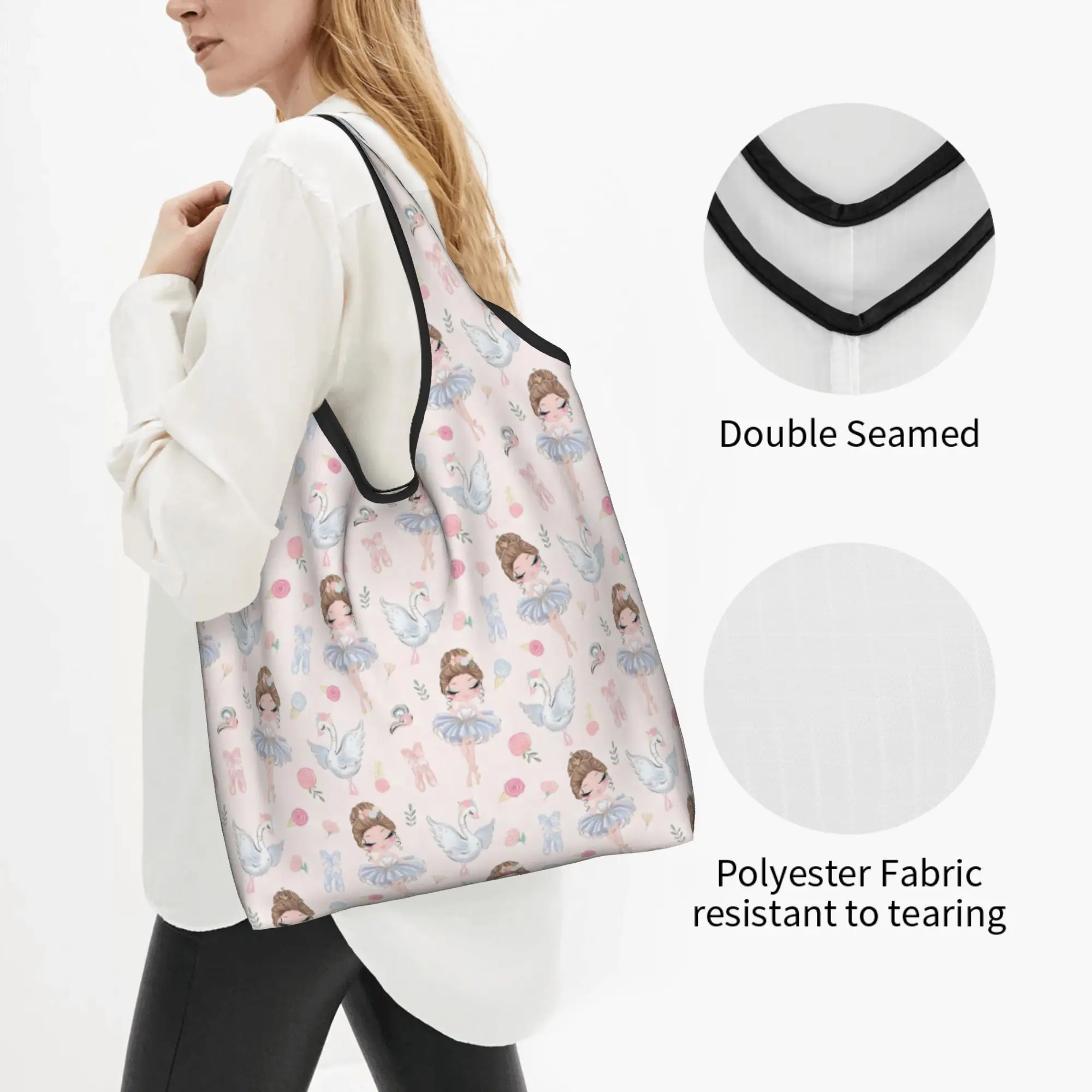 Custom Ballet Art Swan  Shopping Bag Women Portable Big Capacity Grocery Ballerina Dancer  Shopper Tote Bags