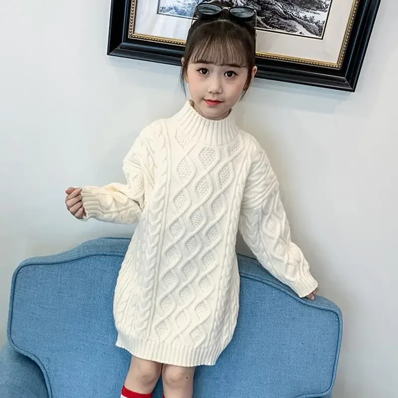 

Children Big Girls Winter Warm 2024 Knitted Teen Girl's Long Sleeve Sweater Dresses 4 5 6 7 8 9 10 11 12 Years White Blue Pink