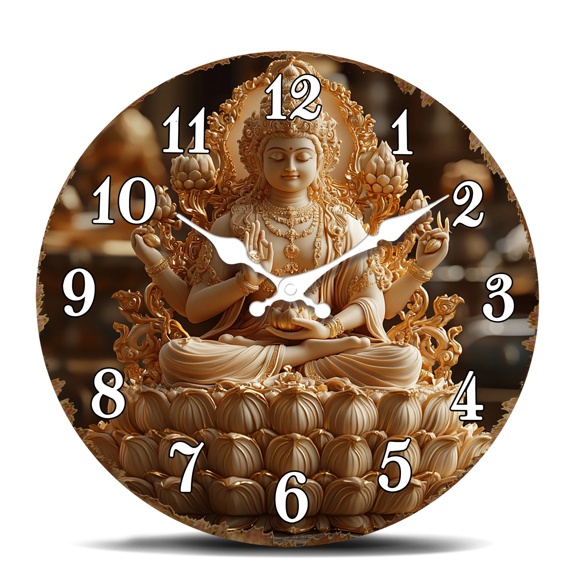 Goldene Buddha-Statue, Vintage-Wanduhr, runde Uhr mit spirituellem Thema und weißen Zahlen, leise Wanduhr für Meditationsraum D