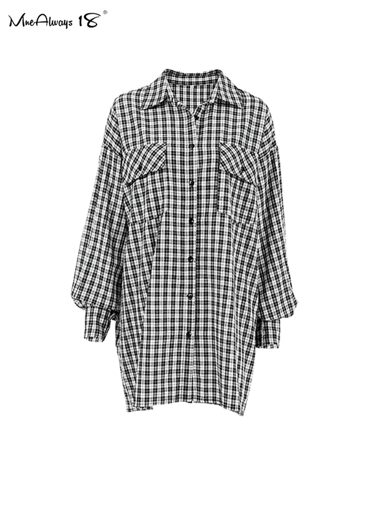 Mnealways18 Street Style Black Plaid Shirts Women Irregular Long Sleeves Oversized Blouses Autumn 2024 Loose Gingham Tops Casual