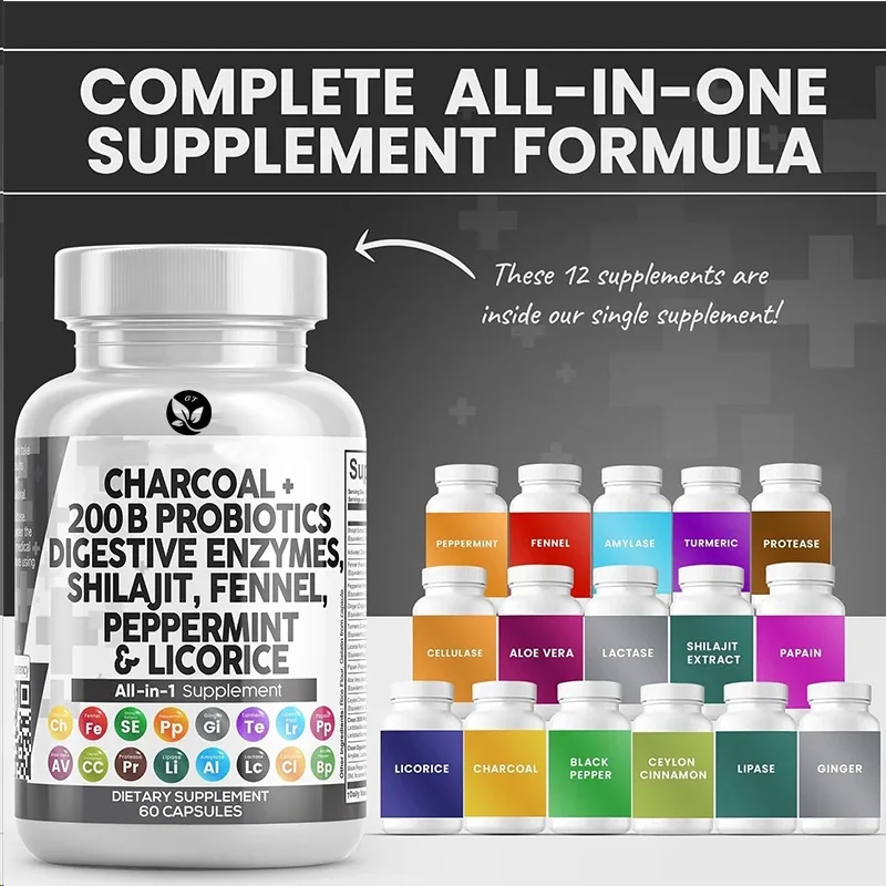 

Activated Carbon Capsule Shilajit Probiotics+digestive Enzymes, Peppermint Fennel, Licorice, Papain, Turmeric