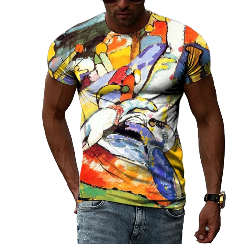 Handsome Men\'s Ethnic Color Graffiti T-shirt Fashion Personality Hip-hop Short-sleeve Shirts Print Trend Street Round Neck Tees