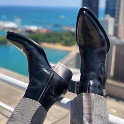 Black Chunky Heels Men's Chelsea Boots Matte Leather Pointed Toe Shoes Runway Business Party Shoes 2023 Zapatos Para Hombres