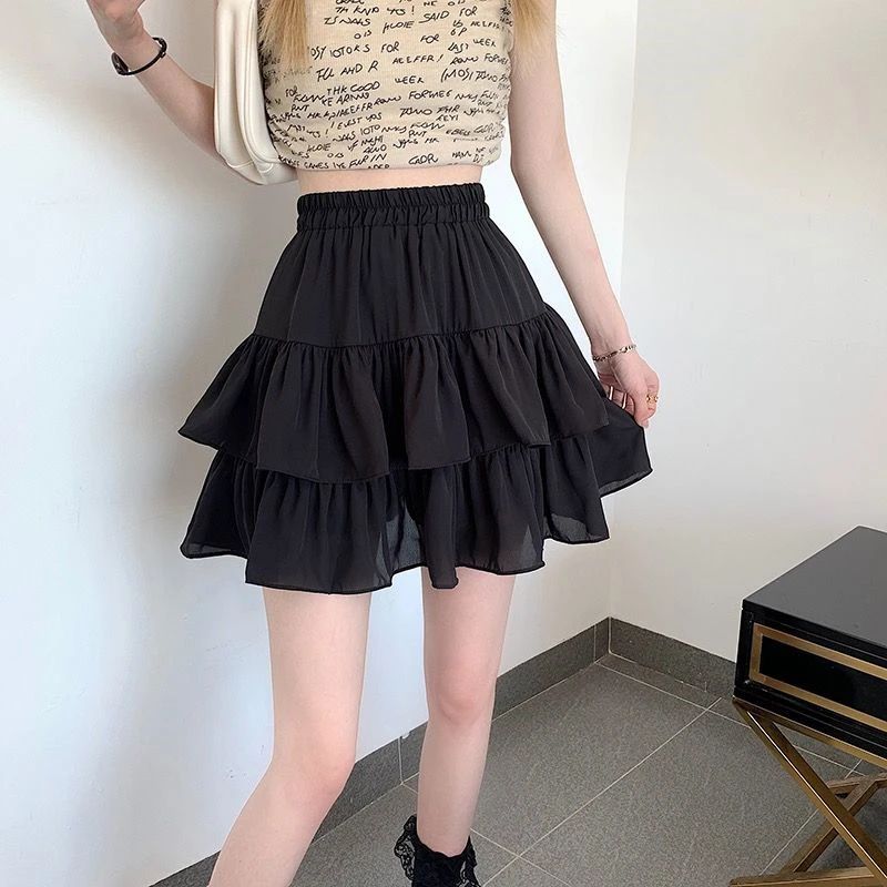 2024 Summer Women Trendy Double Layer Ruffle Sexy Mini Skirts Female Y2K Solid High Waist Cute Sweet Fairy Pleated A-line Skirt