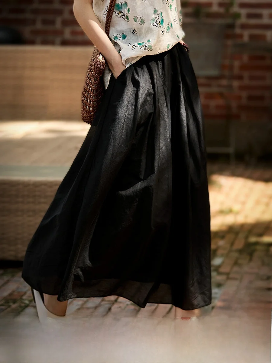 

Ele Cotton Silk Blend Skirt with Wide Elastic Waist And Draped Hem for Women Ci Commute High Waist Straight Cut