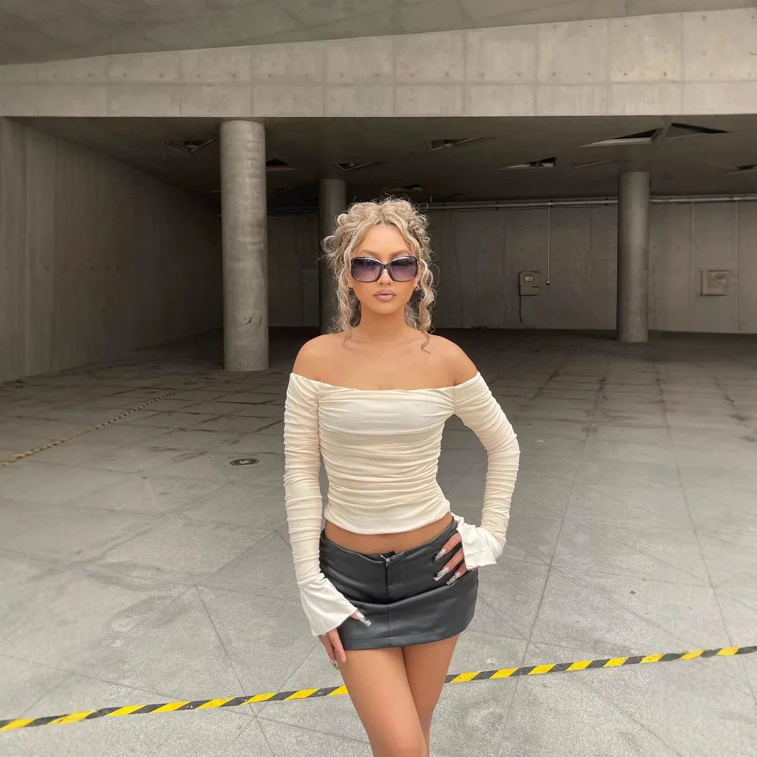 

2025 new sexy double-layer mesh top, sweet one-word shoulder pleated horn long-sleeved T-shirt women