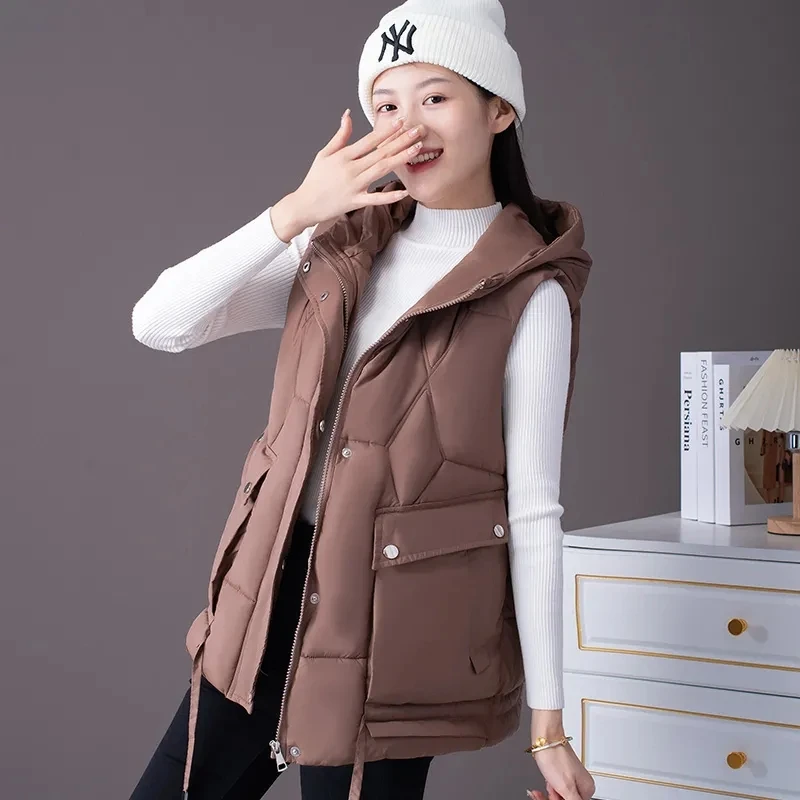 2024 New Autumn Winter Women Puffer Parkas Vest Fashion Warm Black Hooded Down Coat Parka Ladies Sleeveless Waistcoats