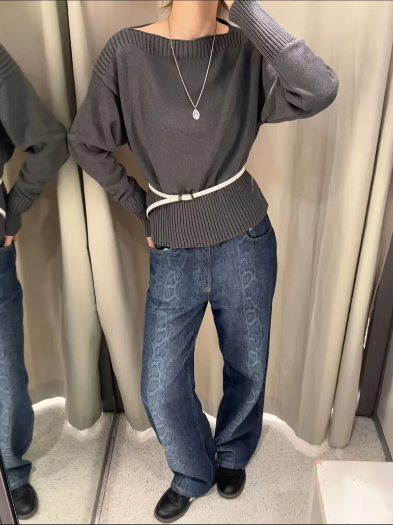 Etj outono 2025 nova moda feminina cor sólida gola solta manga longa malha design elegante sentir camisola