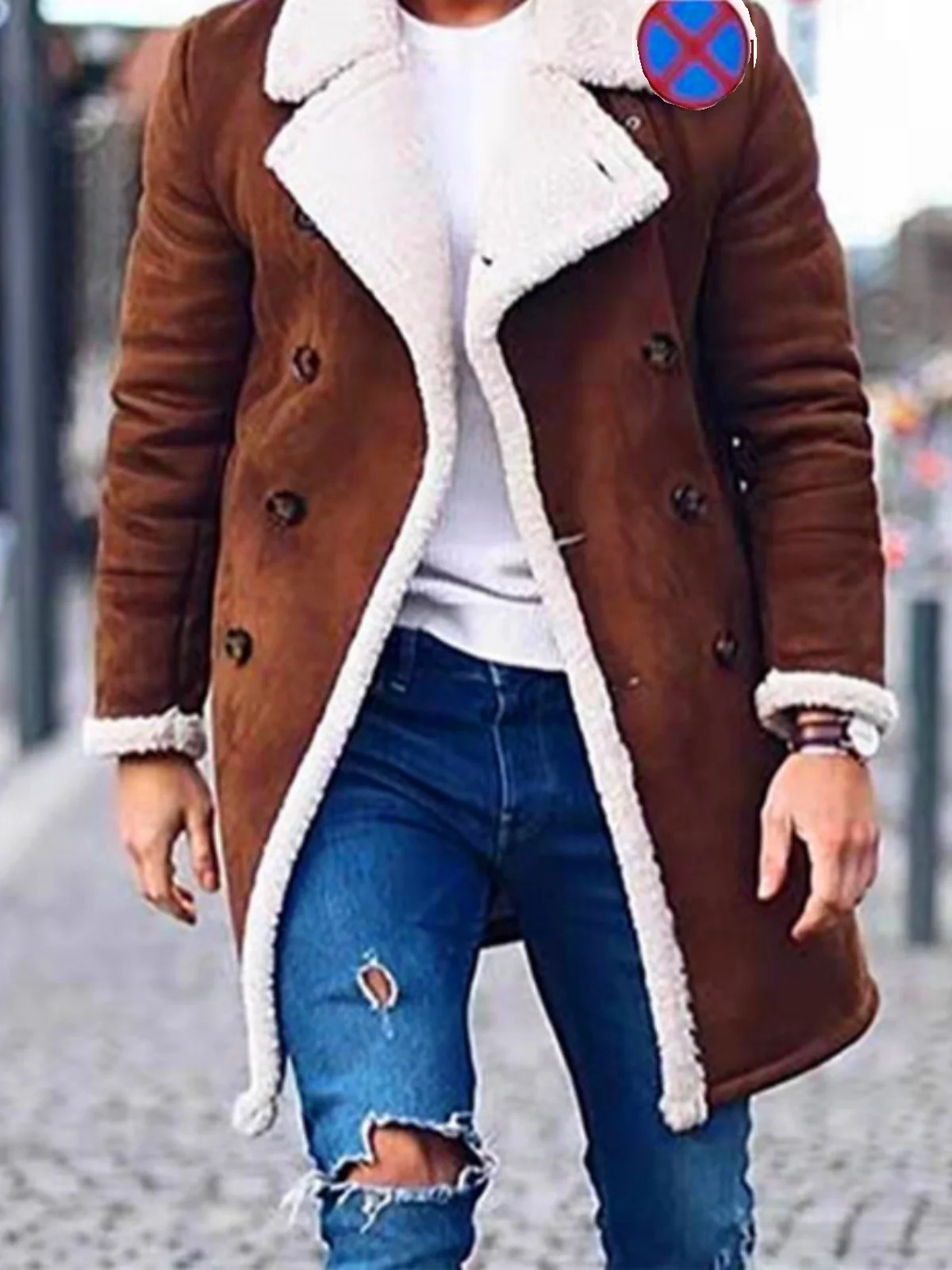 

Men's Fashionable Versatile Autumn Winter Fleece Suede Composite Coat Long Tailored Fit Double Breasted Pure Color Collar
