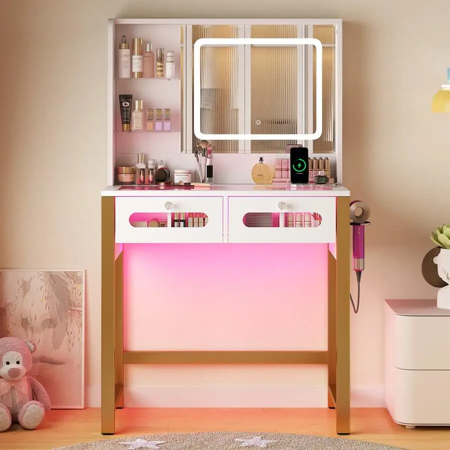 Vanity Desk With LED Lighted Mirror & RGB Ambient Light, Makeup Vanity Table With Power Outlet USB Type-C Port, Tempered Glass T