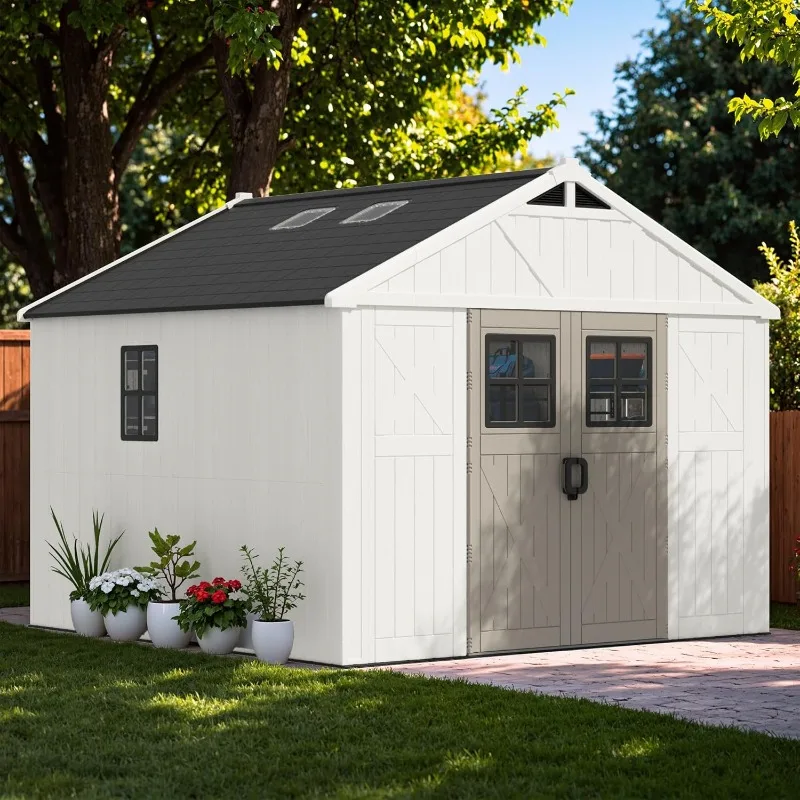 Lockable Resin Shed with Windows, 10x10 Outdoor Storage with Floor,