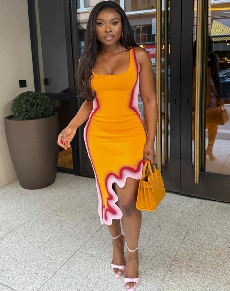 Y2K Contrast Dress Women Summer Square Neck Sleeveless Tank Bodycon Dress Asymmetric Wavy Ruffle Hem Midi Night Out Outfit