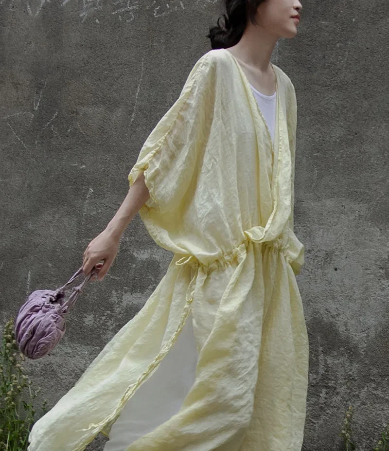 

Vintage Thin 100% Ramie Women White Dresses Loose Linen Chinese Style Robe V-neck 2023 Summer New Short Sleeve Elegant Dresses