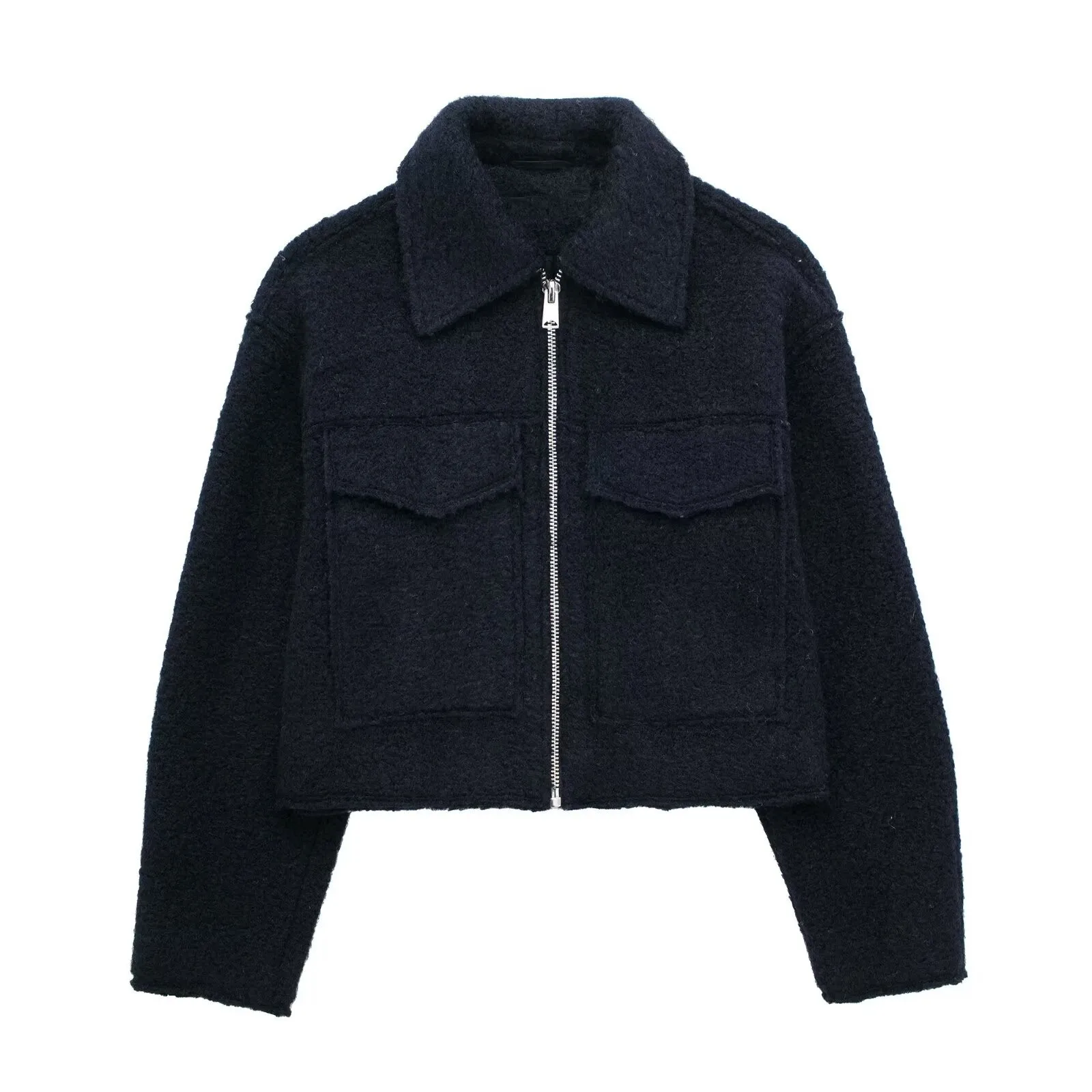 Women's Spring Autumn Medium Weight Wool Blend Polo Neck Long Sleeve Solid Color Jacket with Pocket Zipper Closure Streetwear