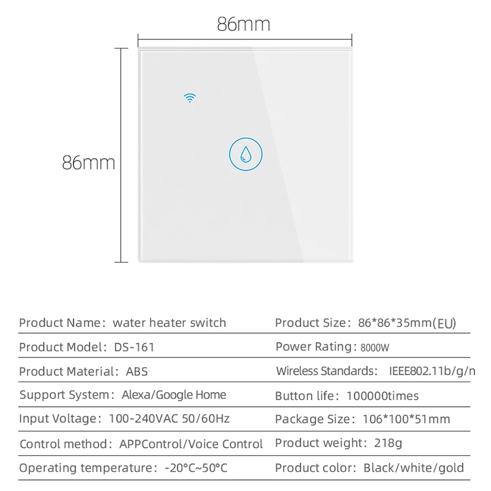 Interruttore intelligente della caldaia Wifi 40A 8000W interruttori dello scaldabagno ad alta potenza Tuya EU/US Standard Luxuray Glass Touch Timer