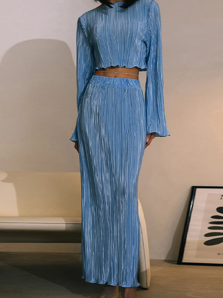 

Elegant Fashion Pleated Skirt Sets Women Summer Casual Flare Sleeve Crop Top Female Solid Color Hight Waist Skirt Two Piece Sets