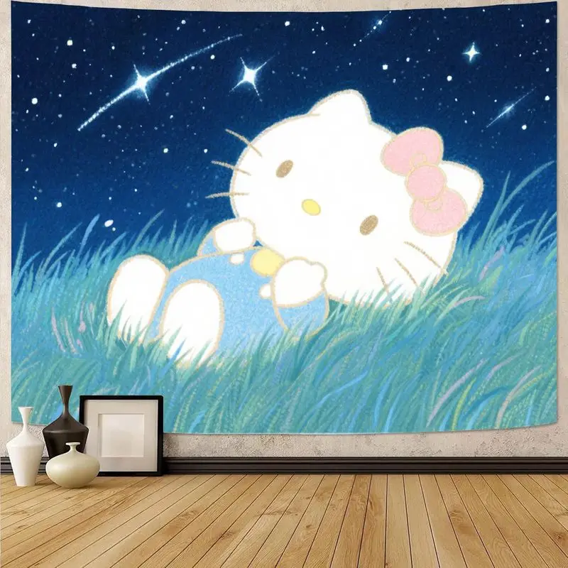 

Sanrio Hello Kitty Starry Night Kawaii гобелен, мечтательный настенный рисунок из полиэстера, декор для спальни, подарок для фанатов девочек