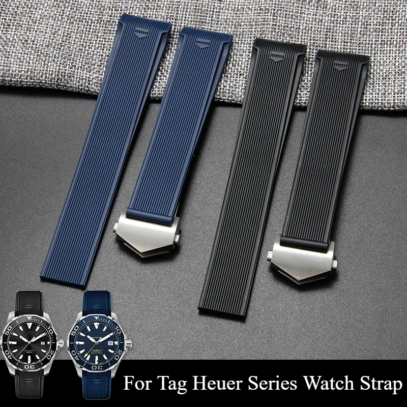 22mm Lightweight Breathable Non-slip Silicone Watchbands for Tag Heuer Aquaracer Series Black Blue Soft Waterproof Watch Strap