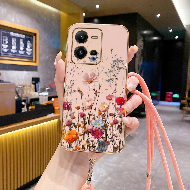 V 25 Bloom Flower Luxury Plating Phone Case For VIVO V25 V25Pro V21E V21 Y15S Y30 Y21 Y22 V25E V29E Y16 Y28 Y85 Y35 V23E Cover