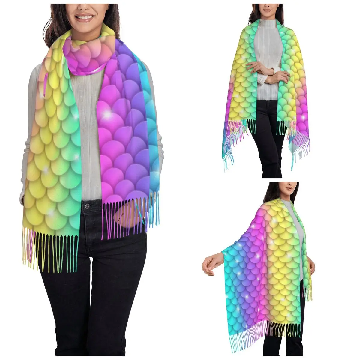 Sparkling Rainbow Scales Mermaid Shawl Wrap Women Winter Warm Large Soft Scarf Neckerchief Shawl Scarves