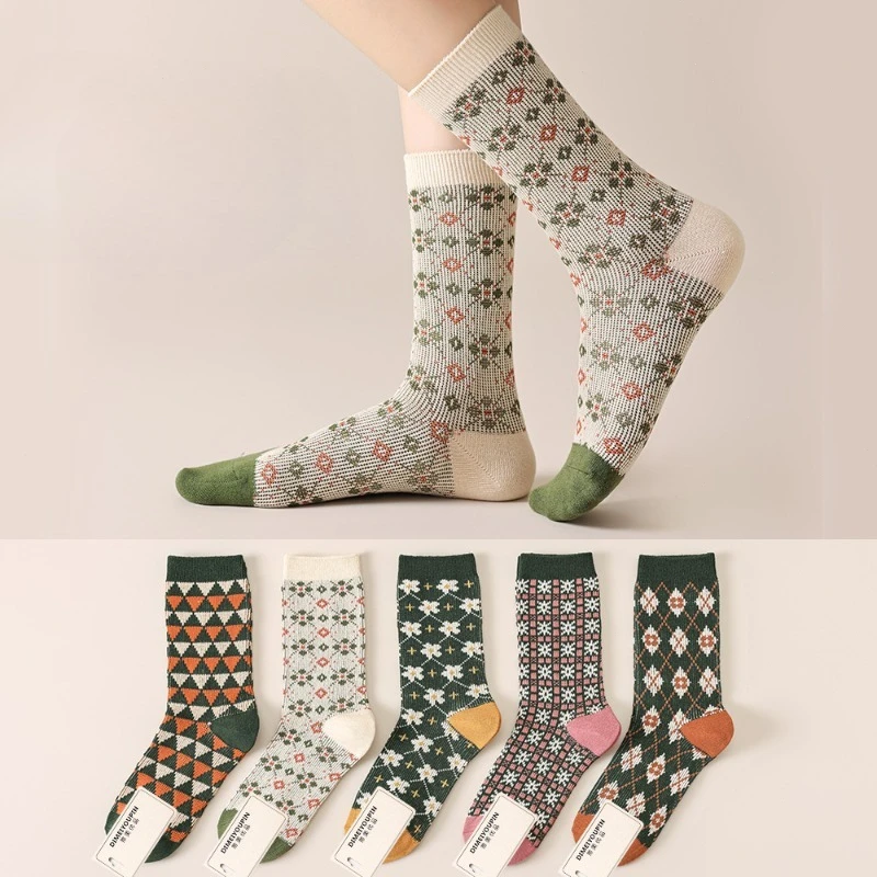 

1/5 пар осенне-зимних носков с двойной иглой и двойной дорожкой, новые дышащие хлопковые носки средней длины в этническом стиле в стиле ретро