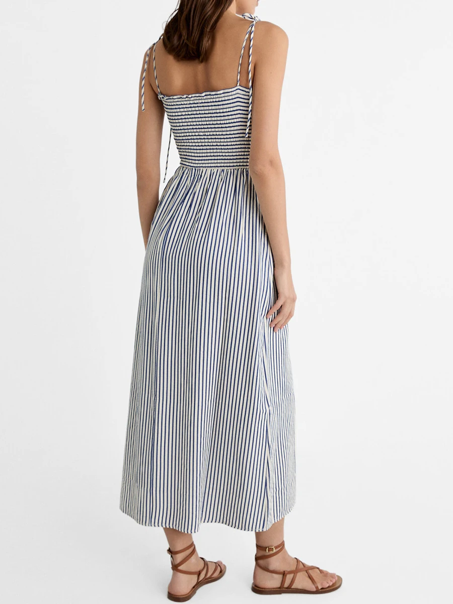 Women Y2K Spaghetti Strap Maxi Dress Casual Ruffles Trim Neck Long Dress Flowy Striped Print Smocked A Line Sundresses