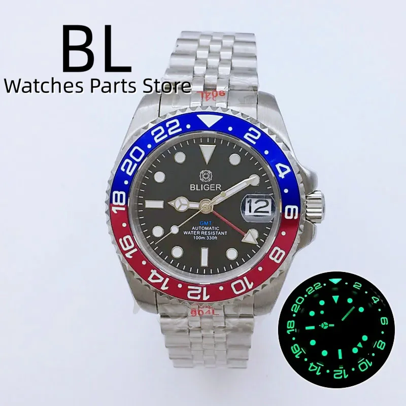 

BLIGER 40mm NH34 GMT Watch For Men Luminous Black Green Blue Red Insert GMT Hands Text Sapphire Glass Black Dial Jubile Bracelet