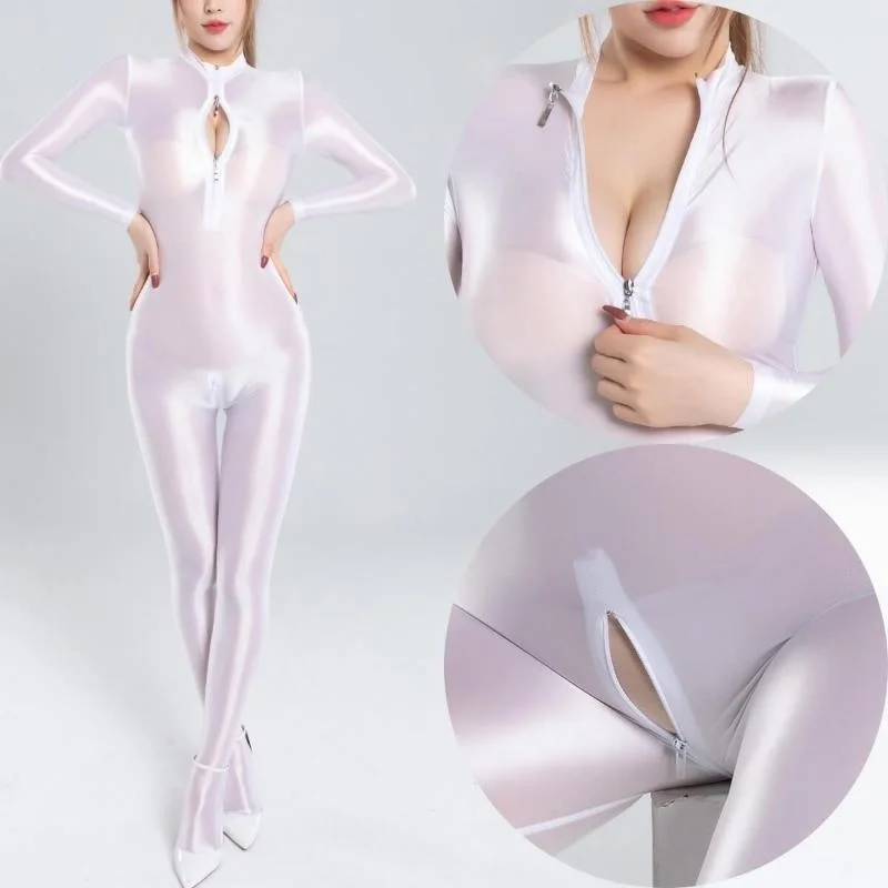 Womens Shiny Satin Glossy Silky Leotard Jumpsuit 2 Zipper Open Bust & Crotch Bodysuit Catsuit